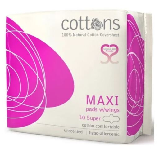 Cottons Organic Maxi Night Compress W/Wings 100% Cotton 10 Units